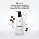 A white bottle of Peptino Shampoo centered in a water splash with coffee beans, highlighting its low-pH formula.