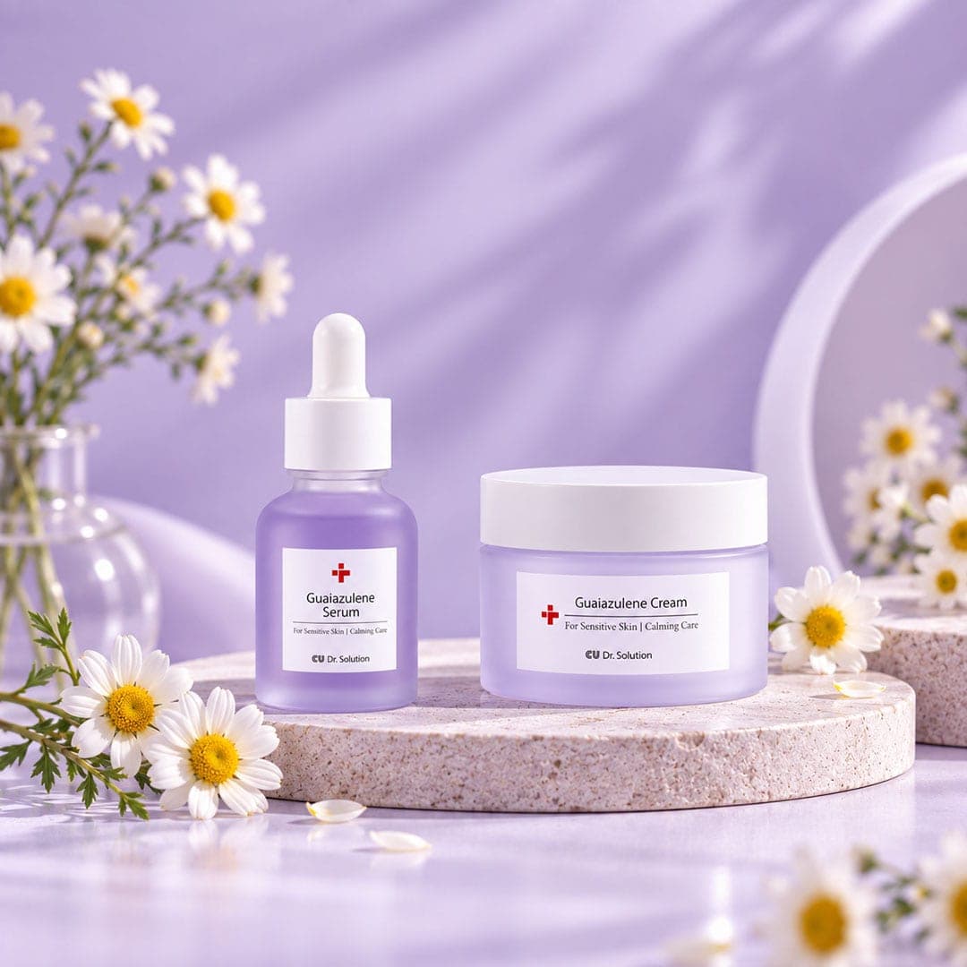 Guaiazulene Serum and Cream bottle front views